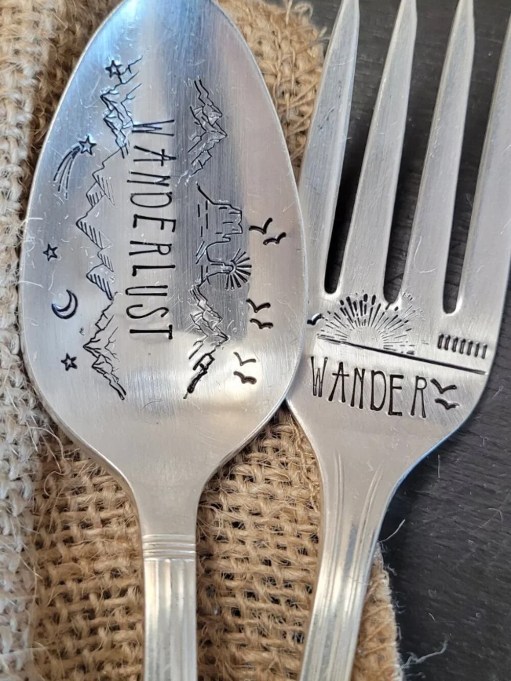 Wildsmith Silver Plated Fork & Spoon Set – Engraved “Wanderlust” – Flatware Gift